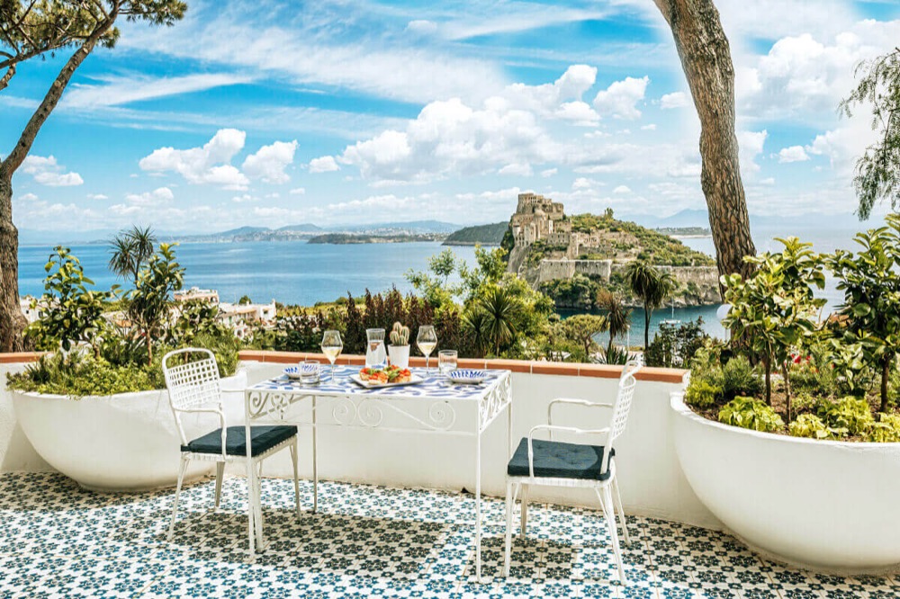 Lunch table overlooking the Aragonese Castle on Ischia
