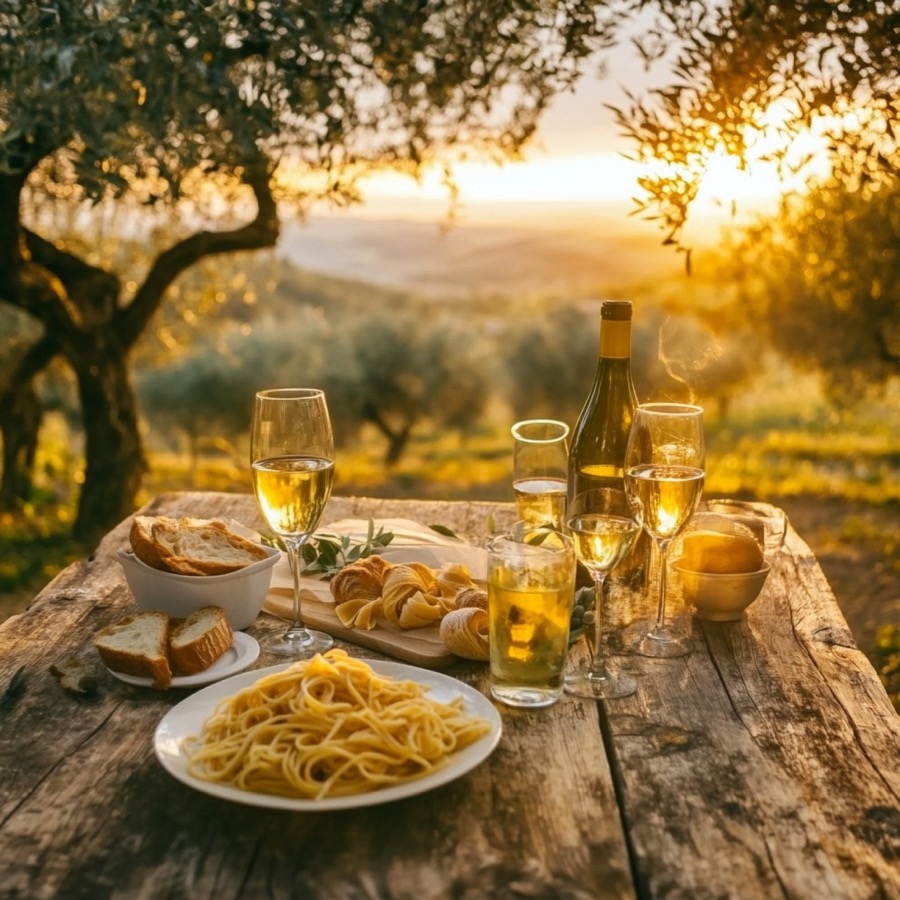 Wine and fresh pasta on a rustic table among Tuscan olive groves at sunset